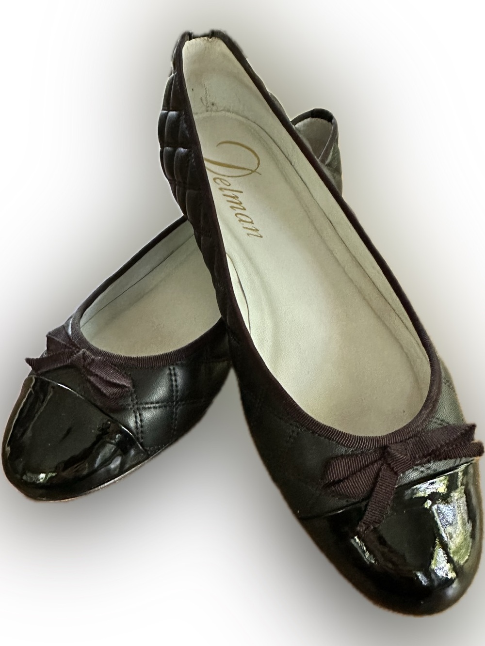 Delman Black Quilted Leather and Patent Toe Ballet Flats